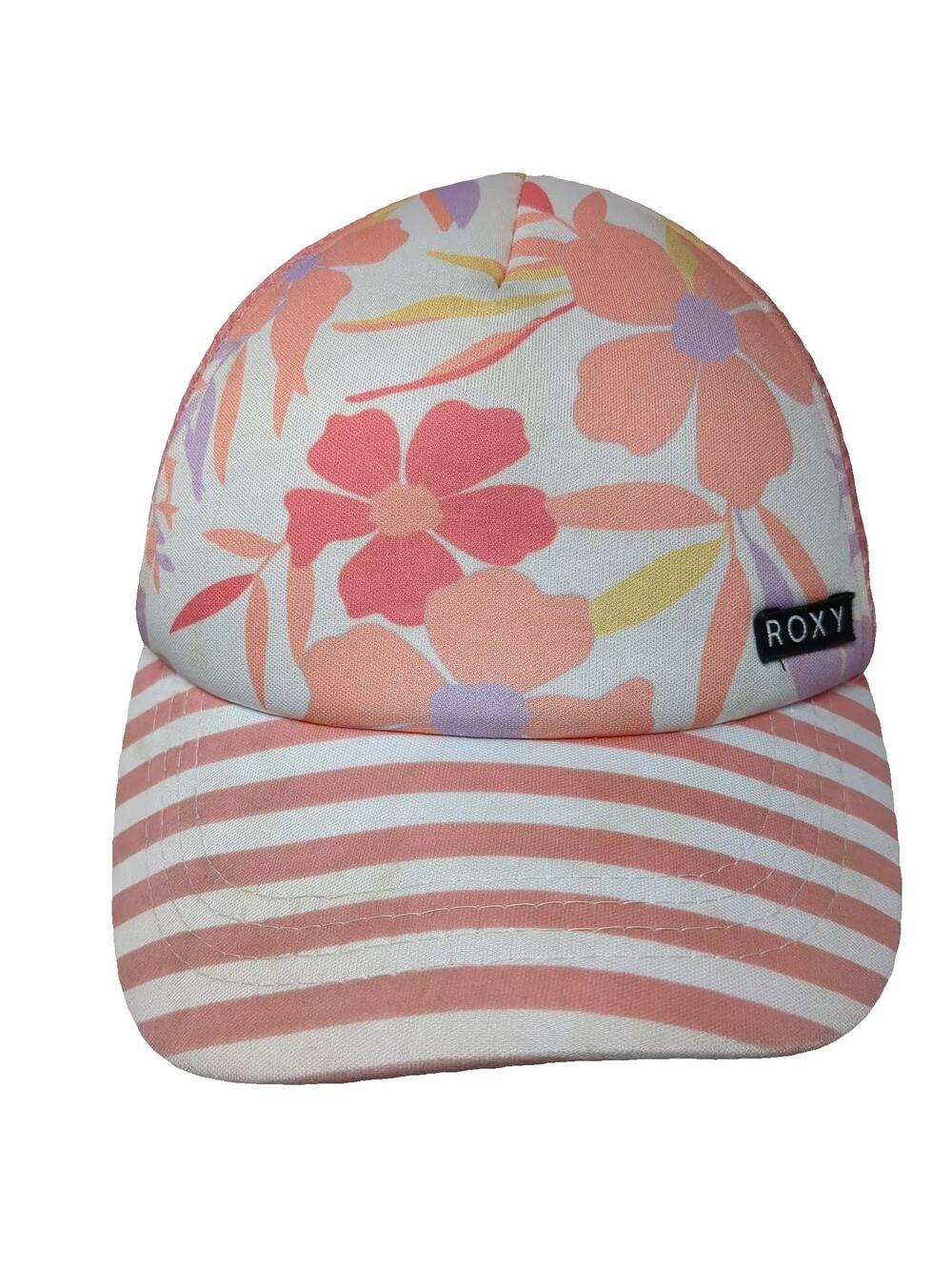 Roxy Pink Floral Striped Mesh Trucker Hat One Size Adjustable Snapback Cap